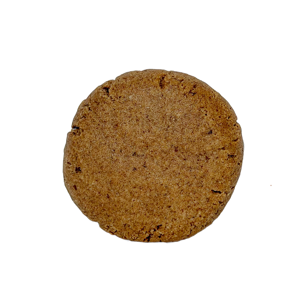 Top-down view of a round, golden-brown Snickerdoodle protein cookie with a slightly rough, speckled surface of cinnamon.