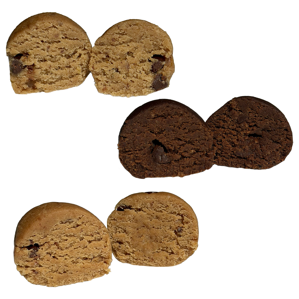 Three protein balls, each cut in half to show the inside texture. At top, a light golden tahini chocolate chip ball with scattered chocolate chips. In the middle, a dark chocolate brownie batter ball with a chocolate chip in the center. At bottom, a peanut butter chocolate chip ball with a smooth, creamy interior and a few small chocolate pieces.