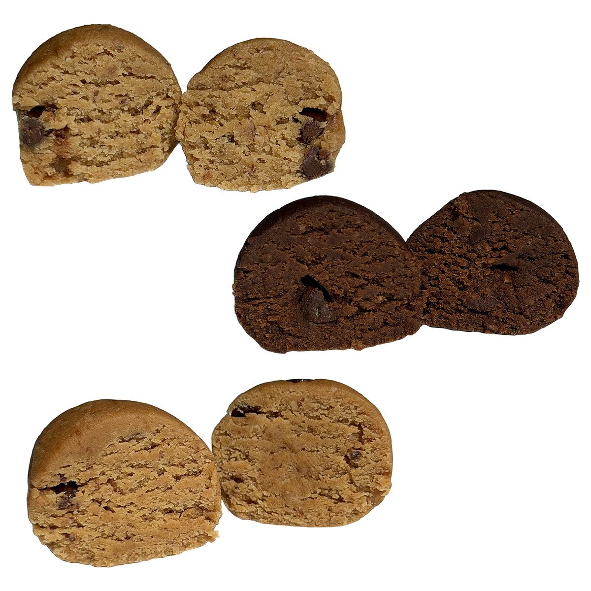 Three protein balls, each cut in half to show the inside texture. At top, a light golden tahini chocolate chip ball with scattered chocolate chips. In the middle, a dark chocolate brownie batter ball with a chocolate chip in the center. At bottom, a peanut butter chocolate chip ball with a smooth, creamy interior and a few small chocolate pieces.