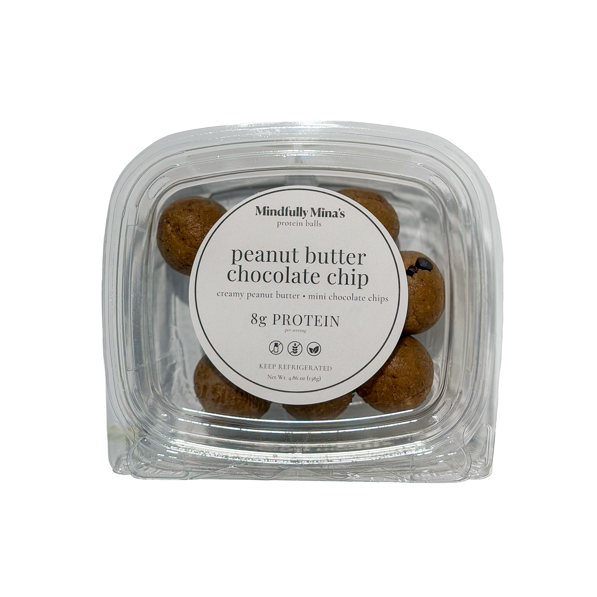 A clear plastic container of peanut butter chocolate chip protein balls with a round white label reading “Mindfully Mina’s protein balls, peanut butter chocolate chip, creamy peanut butter, mini chocolate chips, 8g protein, keep refrigerated.”