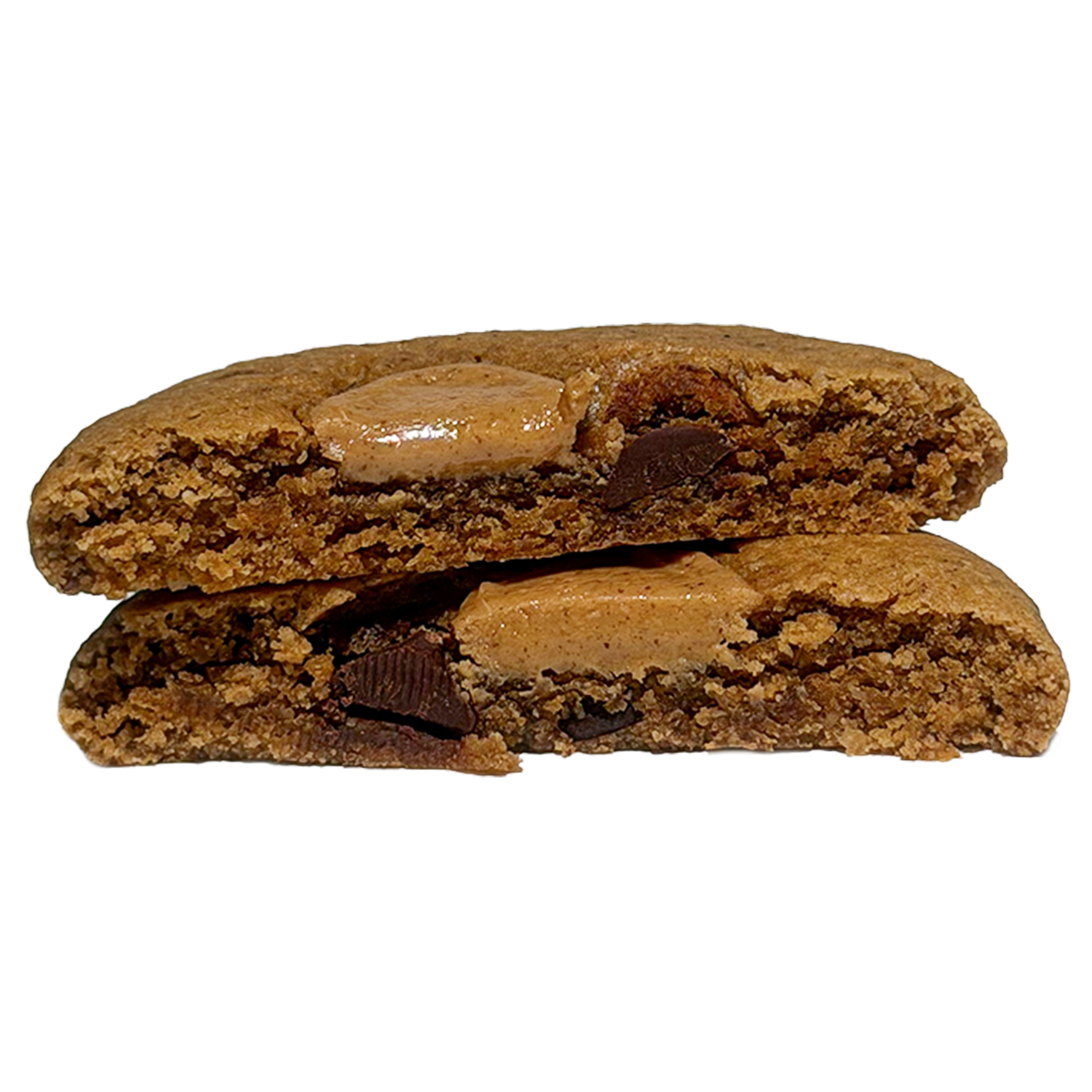 A cookie cut in half and stacked, showing a soft interior with thick pieces of peanut butter chip and chunks of dark chocolate.