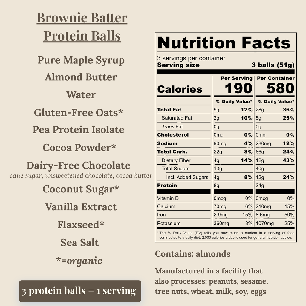 A product information graphic for protein balls, showing a Nutrition Facts label and ingredient list on a beige background. The text lists ingredients such as pure maple syrup, almond butter, water, gluten-free oats, cocoa powder, pea protein isolate, dairy-free chocolate, coconut sugar, vanilla extract, flaxseed, and sea salt.