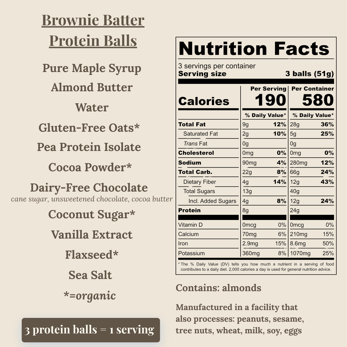 A product information graphic for protein balls, showing a Nutrition Facts label and ingredient list on a beige background. The text lists ingredients such as pure maple syrup, almond butter, water, gluten-free oats, cocoa powder, pea protein isolate, dairy-free chocolate, coconut sugar, vanilla extract, flaxseed, and sea salt.