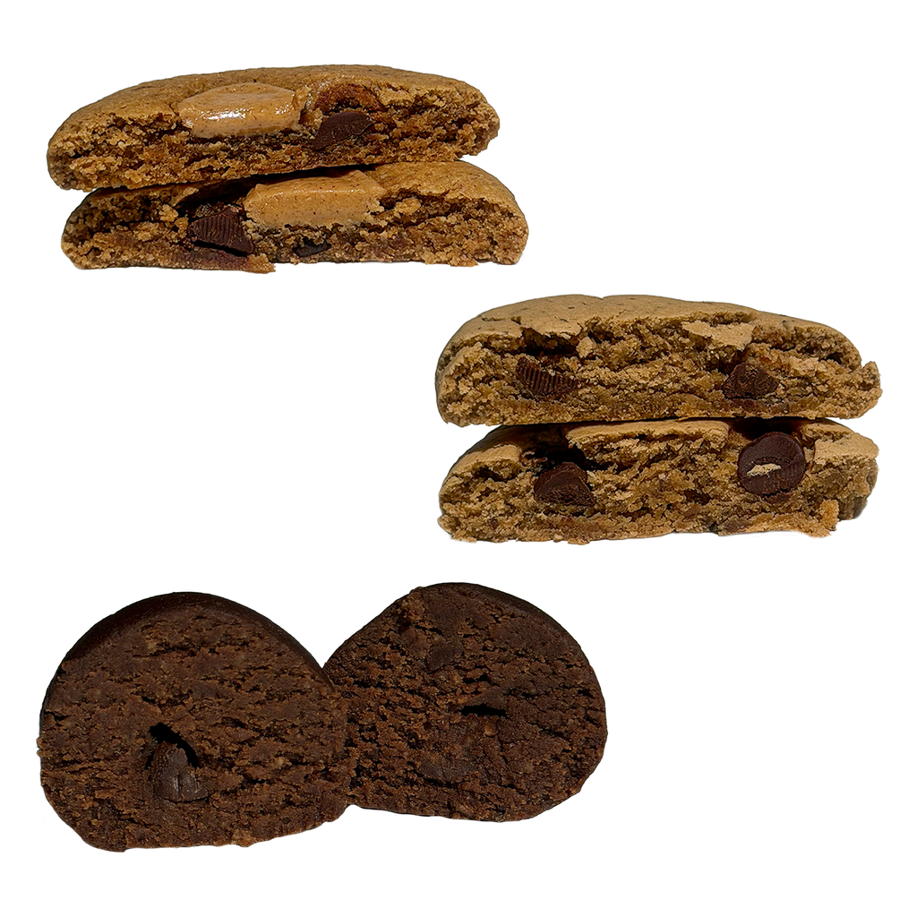 Cut-open views of three treats showing their interiors. At top left, a peanut butter chocolate chip cookie halved to reveal a thick peanut butter filling and chocolate pieces. At right, a tahini chocolate chip cookie halved to show a soft, golden interior with chocolate chunks. At bottom, a dark brownie batter protein ball cut in half, with a small chocolate chip visible inside.