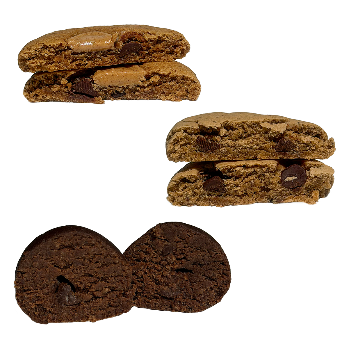 Cut-open views of three treats showing their interiors. At top left, a peanut butter chocolate chip cookie halved to reveal a thick peanut butter filling and chocolate pieces. At right, a tahini chocolate chip cookie halved to show a soft, golden interior with chocolate chunks. At bottom, a dark brownie batter protein ball cut in half, with a small chocolate chip visible inside.