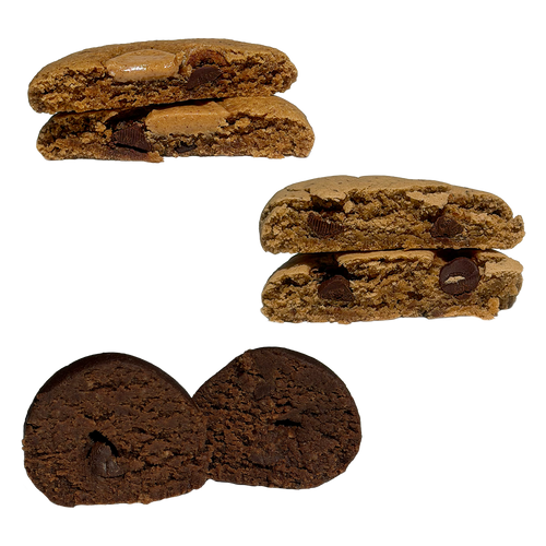 Cut-open views of three treats showing their interiors. At top left, a peanut butter chocolate chip cookie halved to reveal a thick peanut butter filling and chocolate pieces. At right, a tahini chocolate chip cookie halved to show a soft, golden interior with chocolate chunks. At bottom, a dark brownie batter protein ball cut in half, with a small chocolate chip visible inside.