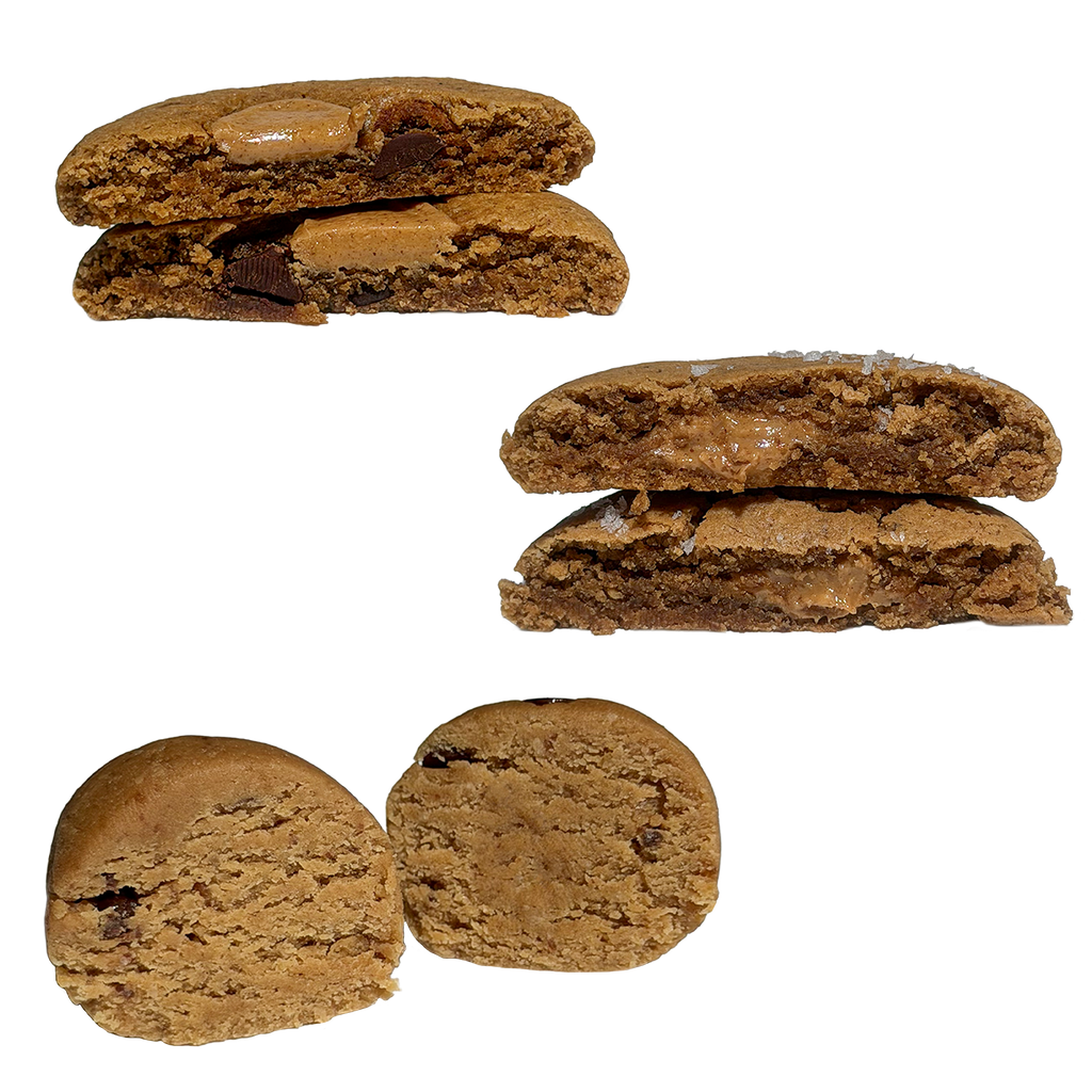 At top left, a peanut butter chocolate chip protein cookie cut in half, showing a thick peanut butter filling and chocolate pieces. At right, a stacked, halved peanut butter lovers protein cookie with a melty peanut butter center and flaky salt on top. At bottom, a peanut butter chocolate chip protein ball cut in half, with a soft, creamy interior.