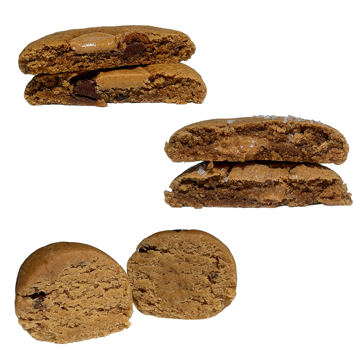 At top left, a peanut butter chocolate chip protein cookie cut in half, showing a thick peanut butter filling and chocolate pieces. At right, a stacked, halved peanut butter lovers protein cookie with a melty peanut butter center and flaky salt on top. At bottom, a peanut butter chocolate chip protein ball cut in half, with a soft, creamy interior.