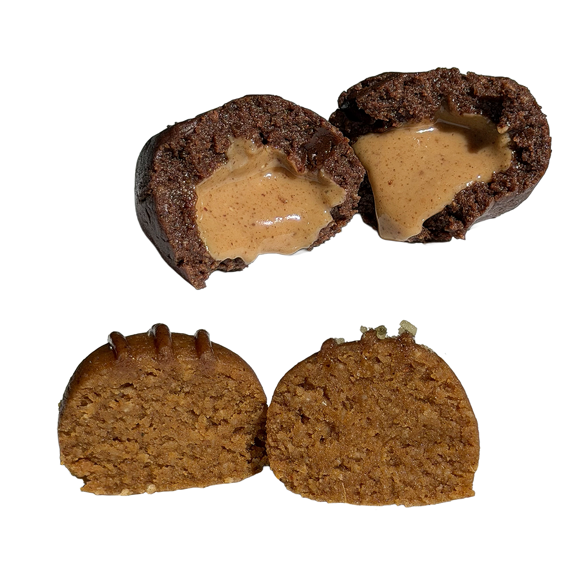 Two protein balls cut in half. At top, a fudgy peanut butter cup ball with a dark brownie-batter shell and a glossy, melty peanut butter center. At bottom, a pumpkin pie ball with a soft, golden-orange interior, topped with a cinnamon cashew butter glaze and crushed pumpkin seeds.
