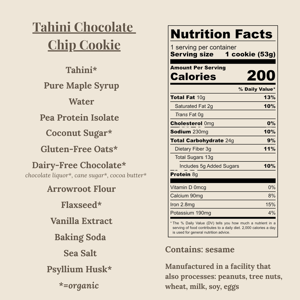 Back label for Tahini Chocolate Chip Cookie showing the nutrition facts panel and ingredient list on a beige background.