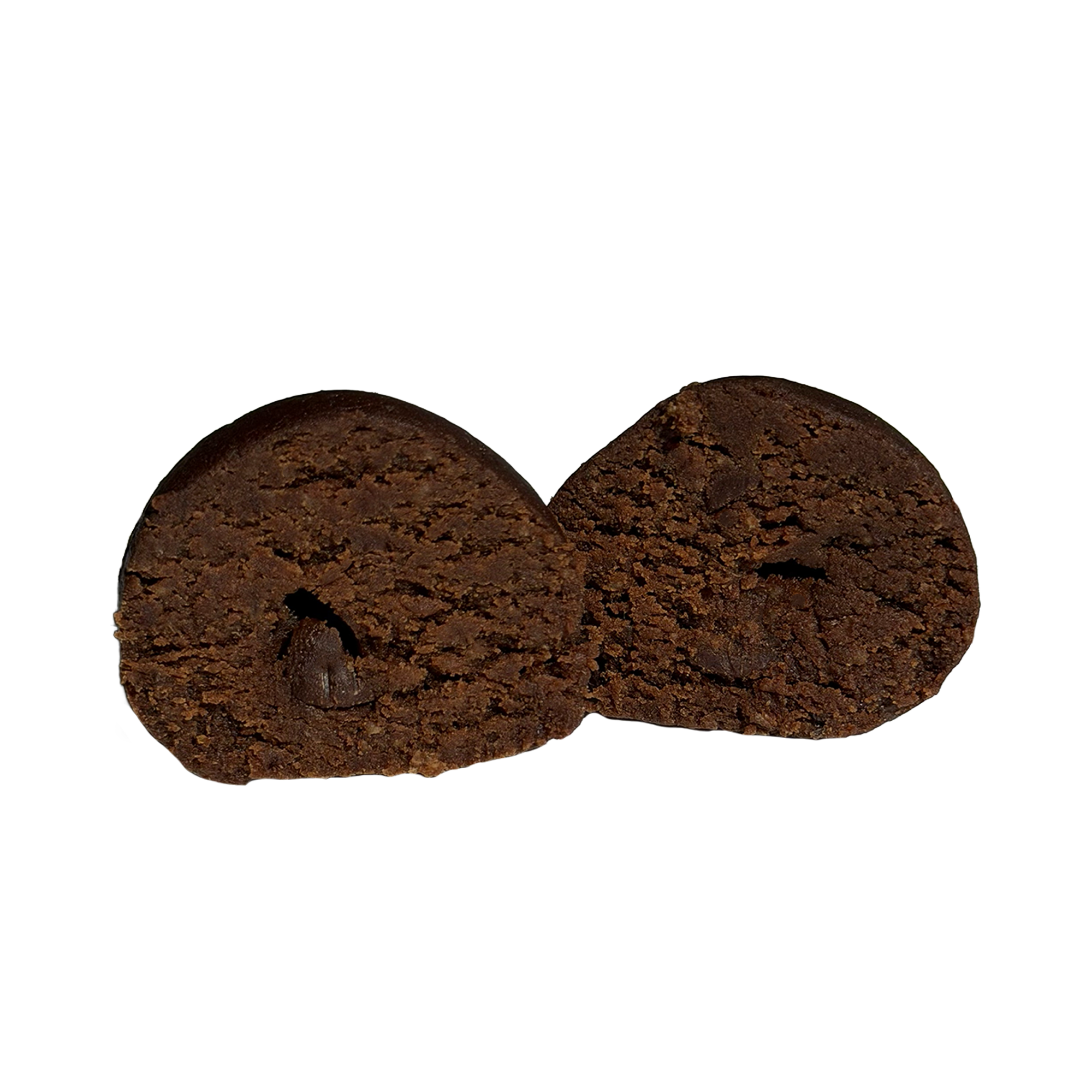 A brownie batter protein ball cut in half, showing a dense, dark chocolate interior with a small chocolate chip visible inside a pocket on one half.