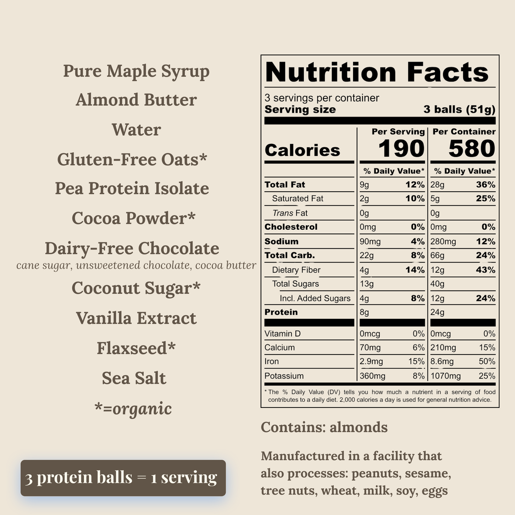Ingredient list and nutrition label for the brownie batter protein balls. Ingredients are maple syrup, almond butter, water, gluten-free oats, pea protein isolate, cocoa powder, dairy-free chocolate, coconut sugar, vanilla, flaxseed and sea salt. One serving is 3 balls (51g), with 190 calories, 9g fat, 22g carbs and 8g protein. Contains almonds.