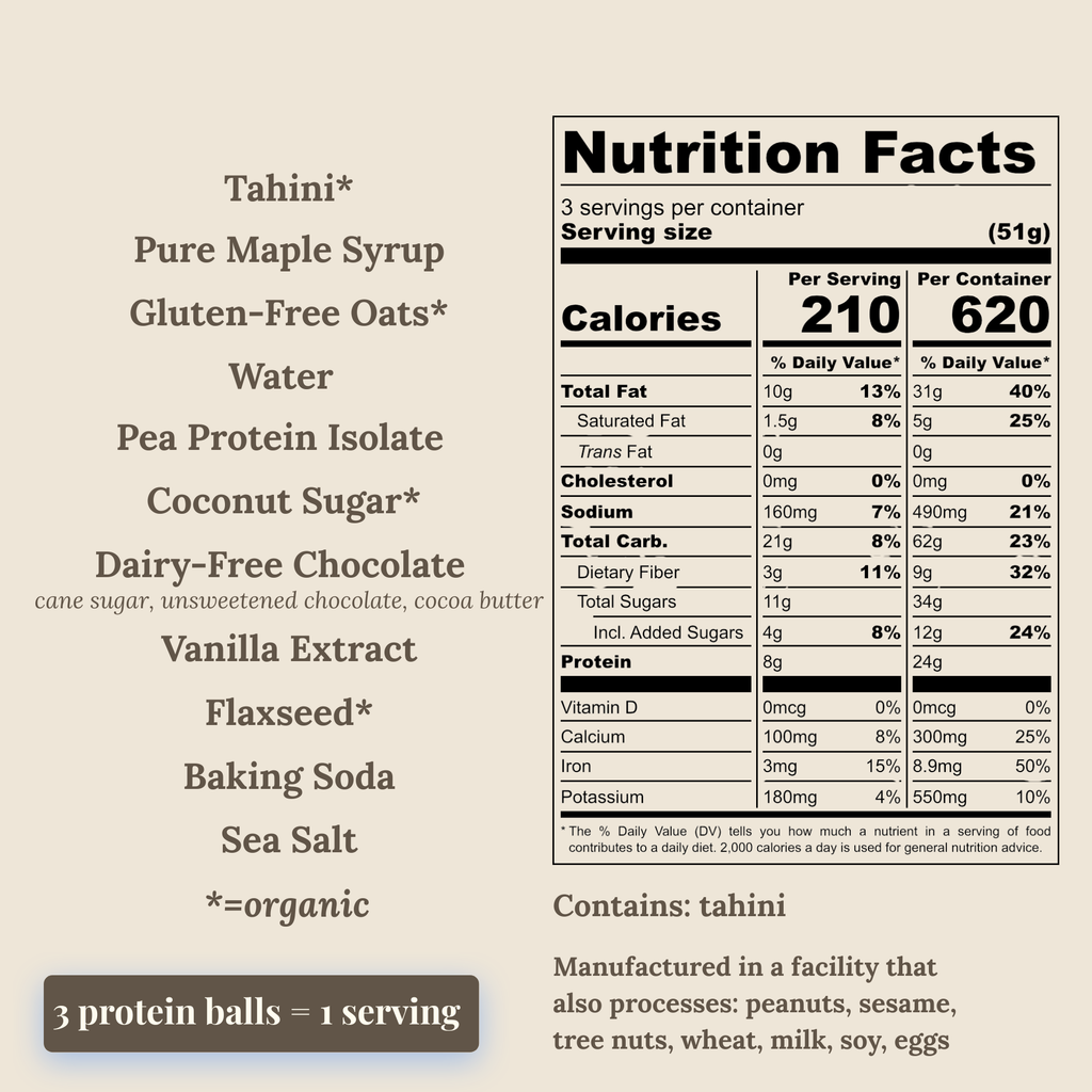 Ingredient list and nutrition label for the tahini chocolate chip protein balls. Ingredients are tahini, maple syrup, gluten-free oats, water, pea protein isolate, coconut sugar, dairy-free chocolate, vanilla, flaxseed, baking soda and sea salt. One serving is 3 balls (51g), with 210 calories, 10g fat, 21g carbs and 8g protein. Contains tahini.